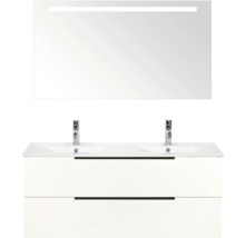 Wastafelmeubel met dubbele wastafel, onderkast met twee laden en spiegel met verlichting voor de badkamer