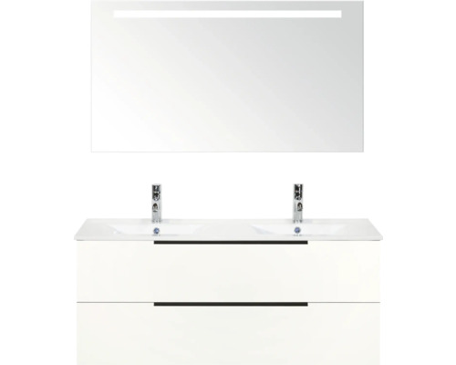 SANOX Badkamermeubelset Seville hoogglans wit 120 cm met edge greep en twee lades incl. dubbele keramische wastafel Enjoy met twee kraangaten en spiegel met verlichting Wastafelmeubel met dubbele wastafel, onderkast met twee laden en spiegel met verlichting voor de badkamer