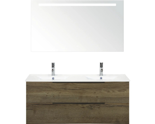SANOX Badkamermeubelset Seville tabacco 120 cm met edge greep en twee lades incl. dubbele keramische wastafel Enjoy met twee kraangaten en spiegel met verlichting Wastafelmeubel met spiegel en verlichting voor de badkamer
