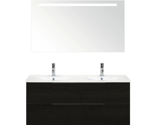 SANOX Badkamermeubelset Seville black oak 120 cm met edge greep en twee lades incl. dubbele keramische wastafel Enjoy met twee kraangaten en spiegel met verlichting Wastafelcombinatie met dubbele wastafel, onderkast en spiegel met verlichting