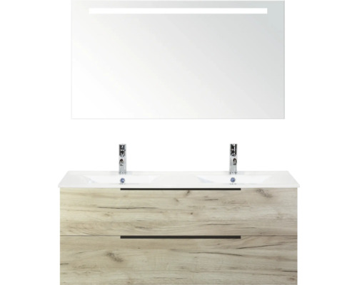 SANOX Badkamermeubelset Seville craft oak 120 cm met edge greep en twee lades incl. dubbele keramische wastafel Enjoy met twee kraangaten en spiegel met verlichting Badkamermeubelset met wastafel, onderkast en spiegel