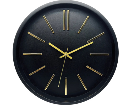 Zwarte wandklok met gouden wijzers en markeringen