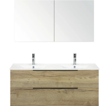Wastafelmeubel met twee wastafels, twee kranen, twee laden en spiegelkast