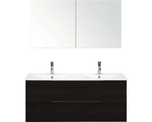 Badkamermeubelset met dubbele wastafel, onderkast en spiegelkast