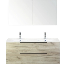 Wastafelmeubel met spiegel, houten decor en twee waskommen