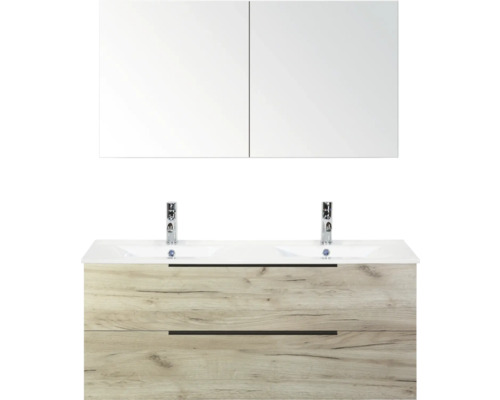 Wastafelmeubel met spiegel, houten decor en twee waskommen