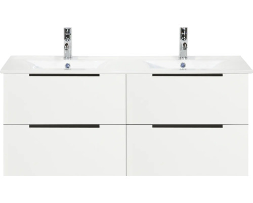 Witte dubbele wastafelonderkast met vier laden en twee kranen