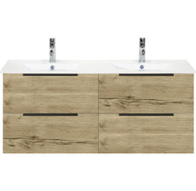Wastafelonderkast met twee wastafels en vier laden in houtlook