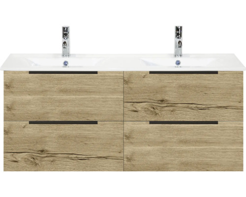 Wastafelonderkast met twee wastafels en vier laden in houtlook