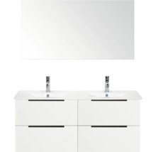 Wastafelonderkast met dubbele wastafel, kraan en spiegel
