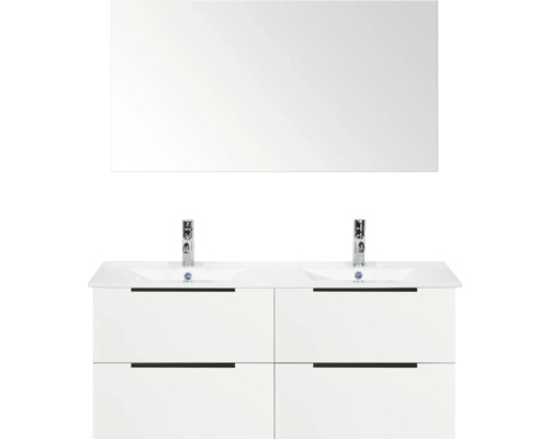Wastafelonderkast met dubbele wastafel, kraan en spiegel
