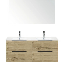 Badkamermeubelset met dubbele wastafel, spiegel, houtlook en laden
