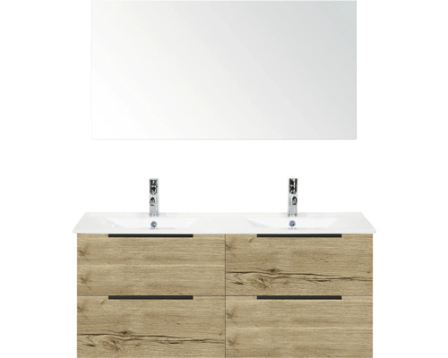 Badkamermeubelset met dubbele wastafel, spiegel, houtlook en laden