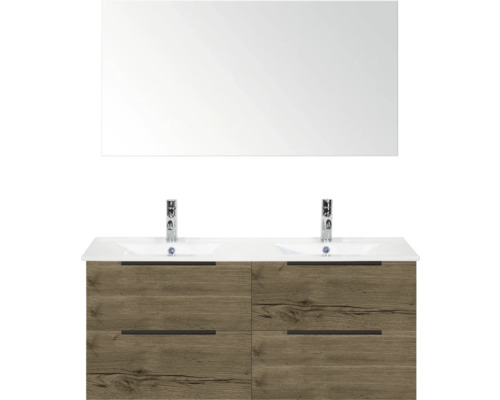 Wastafelmeubel met twee wastafels, onderkast met vier lades en spiegel