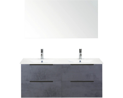 Wastafelmeubel met dubbele wasbak, onderkast met lades en spiegel voor de badkamer