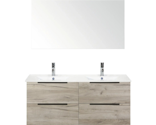 Dubbele wastafel met spiegel en houten decorfront