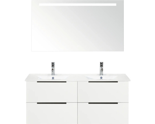 SANOX Badkamermeubelset Seville hoogglans wit 120 cm met edge greep en vier lades incl. dubbele keramische wastafel Enjoy met twee kraangaten en spiegel met verlichting Wastafelmeubel met twee wastafels, onderkast en spiegel met verlichting
