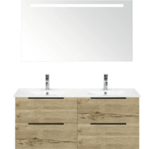 Wastafelmeubel met twee wastafels, spiegel en houtlook