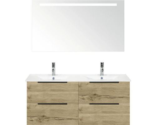 SANOX Badkamermeubelset Seville natuur eiken 120 cm met edge greep en vier lades incl. dubbele keramische wastafel Enjoy met twee kraangaten en spiegel met verlichting Wastafelmeubel met twee wastafels, spiegel en houtlook
