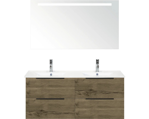 SANOX Badkamermeubelset Seville tabacco 120 cm met edge greep en vier lades incl. dubbele keramische wastafel Enjoy met twee kraangaten en spiegel met verlichting Wastafelmeubel met twee wastafels, houtlook en spiegel met verlichting
