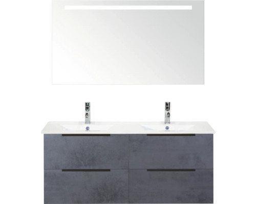 SANOX Badkamermeubelset Seville beton antraciet 120 cm met edge greep en vier lades incl. dubbele keramische wastafel Enjoy met twee kraangaten en spiegel met verlichting Badkamermeubelset met dubbele wastafel, onderkast en spiegel met verlichting