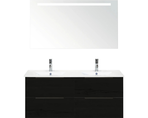 SANOX Badkamermeubelset Seville black oak 120 cm met edge greep en vier lades incl. dubbele keramische wastafel Enjoy met twee kraangaten en spiegel met verlichting Wastafelmeubel met twee wastafels, onderkast en spiegel met verlichting