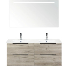 Badkamermeubelset met dubbele wastafel, onderkast met lades en spiegel met verlichting