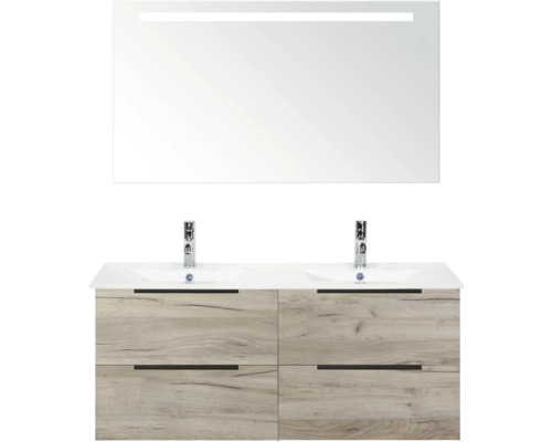 SANOX Badkamermeubelset Seville craft oak 120 cm met edge greep en vier lades incl. dubbele keramische wastafel Enjoy met twee kraangaten en spiegel met verlichting Badkamermeubelset met dubbele wastafel, onderkast met lades en spiegel met verlichting