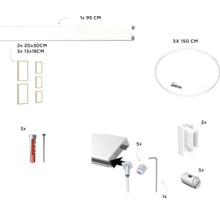 Componenten voor fotolijstset: lijst 95 cm, vijf lijsten 13x18 en 20x30 cm, vijf touwen 150 cm, schroeven en accessoires
