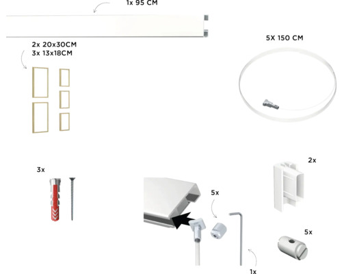 Componenten voor fotolijstset: lijst 95 cm, vijf lijsten 13x18 en 20x30 cm, vijf touwen 150 cm, schroeven en accessoires