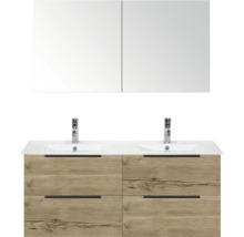 Wastafelmeubel met spiegel, twee wastafels en vier lades in houtlook