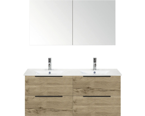 SANOX Badkamermeubelset Seville natuur eiken 120 cm met edge greep en vier lades incl. dubbele keramische wastafel Enjoy met twee kraangaten en spiegelkast Wastafelmeubel met spiegel, twee wastafels en vier lades in houtlook