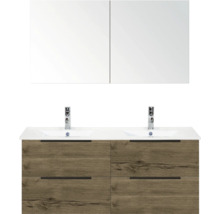 Wastafelmeubel met twee wastafels, kranen, spiegelkast en houten structuur