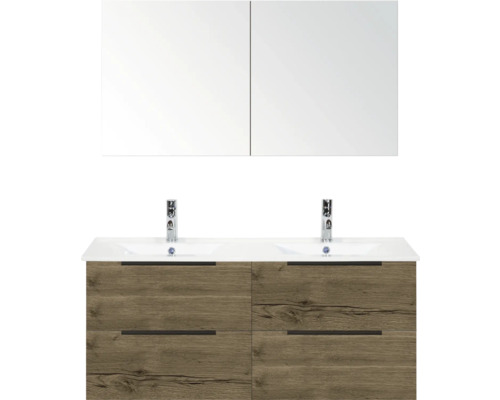 SANOX Badkamermeubelset Seville tabacco 120 cm met edge greep en vier lades incl. dubbele keramische wastafel Enjoy met twee kraangaten en spiegelkast Wastafelmeubel met twee wastafels, kranen, spiegelkast en houten structuur