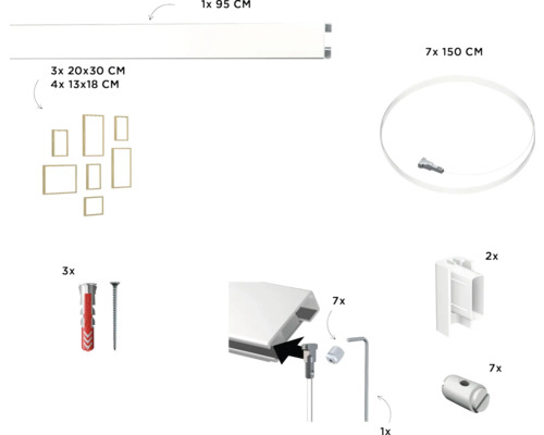 Componenten voor een fotogalerijsysteem: rail, kabels, haken, lijsten en bevestigingsmateriaal