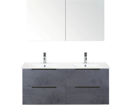 SANOX Badkamermeubelset Seville beton antraciet 120 cm met edge greep en vier lades incl. dubbele keramische wastafel Enjoy met twee kraangaten en spiegelkast Dubbele wastafel met onderkast en spiegelkast voor de badkamer