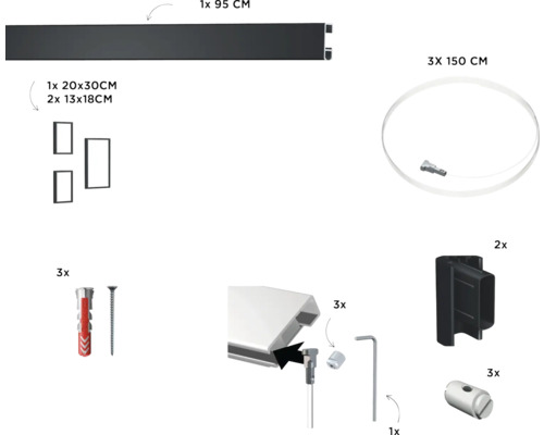 Set met fotolijstophanging, inclusief 95 cm rail, 150 cm kabels, fotolijsten en accessoires