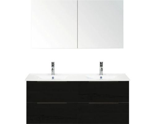 SANOX Badkamermeubelset Seville black oak 120 cm met edge greep en vier lades incl. dubbele keramische wastafel Enjoy met twee kraangaten en spiegelkast Wastafelonderkast met dubbele wastafel en spiegelkast