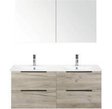 Wastafelmeubel met twee wastafels, onderkast met vier laden en spiegelkast met twee deuren