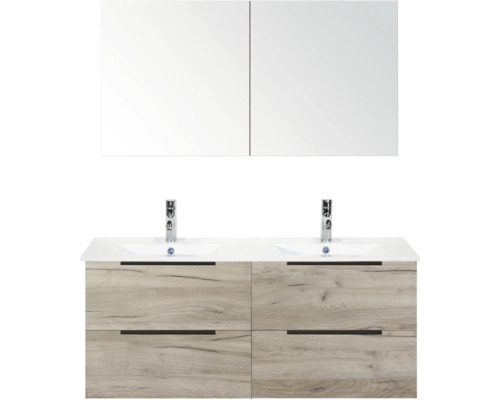 SANOX Badkamermeubelset Seville craft oak 120 cm met edge greep en vier lades incl. dubbele keramische wastafel Enjoy met twee kraangaten en spiegelkast Wastafelmeubel met twee wastafels, onderkast met vier laden en spiegelkast met twee deuren