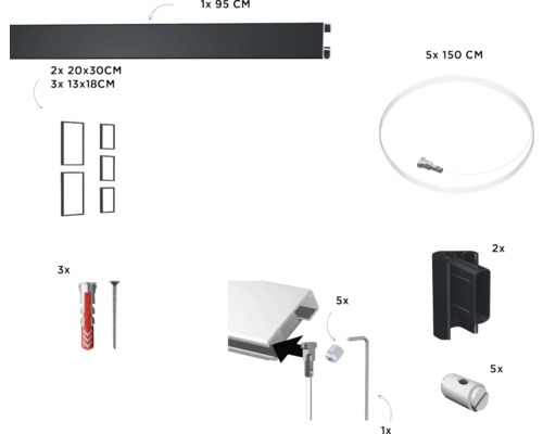 Overzicht van accessoires voor fotolijsten, inclusief lijsten, bevestigingsmateriaal en fotolijsten