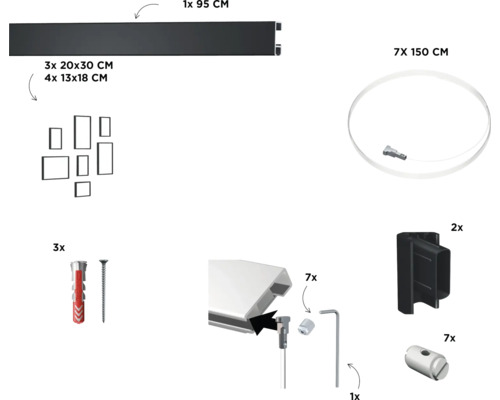 Componenten voor een fotogalerij systeem, inclusief rail, fotolijsten, koorden en bevestigingsmateriaal