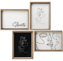 Vier houten lijsten met abstracte vrouwengezichten en de tekst Silhouette