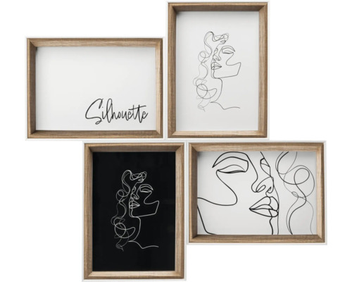 Vier houten lijsten met abstracte vrouwengezichten en de tekst Silhouette