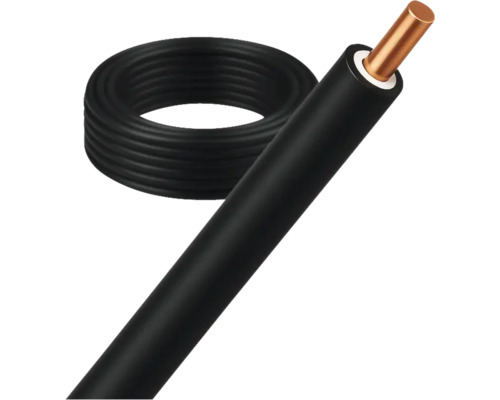 Zwarte elektriciteitskabel met koperen geleider en kunststof isolatie