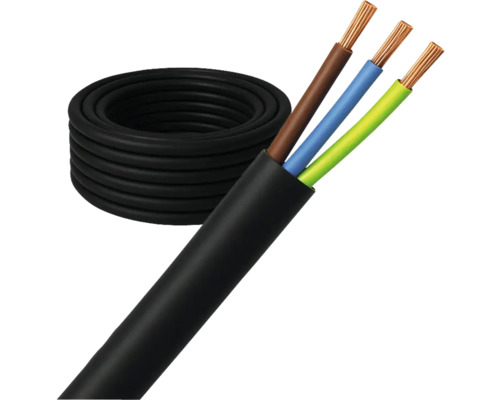 Zwarte elektriciteitskabel met drie draden en kabelhaspel