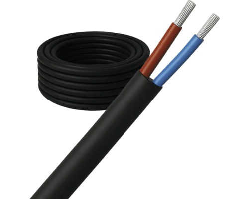 Tweeledige kabel met zwarte isolatie en opgerolde kabel