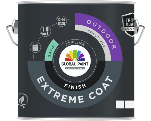 GLOBAL PAINT Extreme coat finish lak zijdeglans wit 2,5 l Verfemmer met de tekst Outdoor Solutions, Global Paint, Extreme Coat