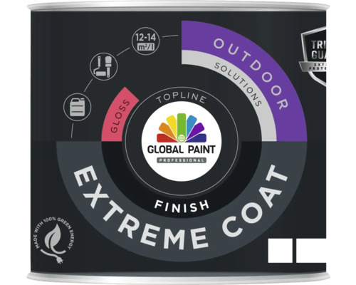 GLOBAL PAINT Extreme coat finish lak hoogglans wit 0,5 l Verfemmer met informatie over gebruik buitenshuis en dekkingsgraad