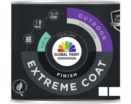 GLOBAL PAINT Extreme coat finish lak zijdeglans wit 0,5 l Verfemmer met het opschrift Global Paint Professional Extreme Coat Outdoor Solutions